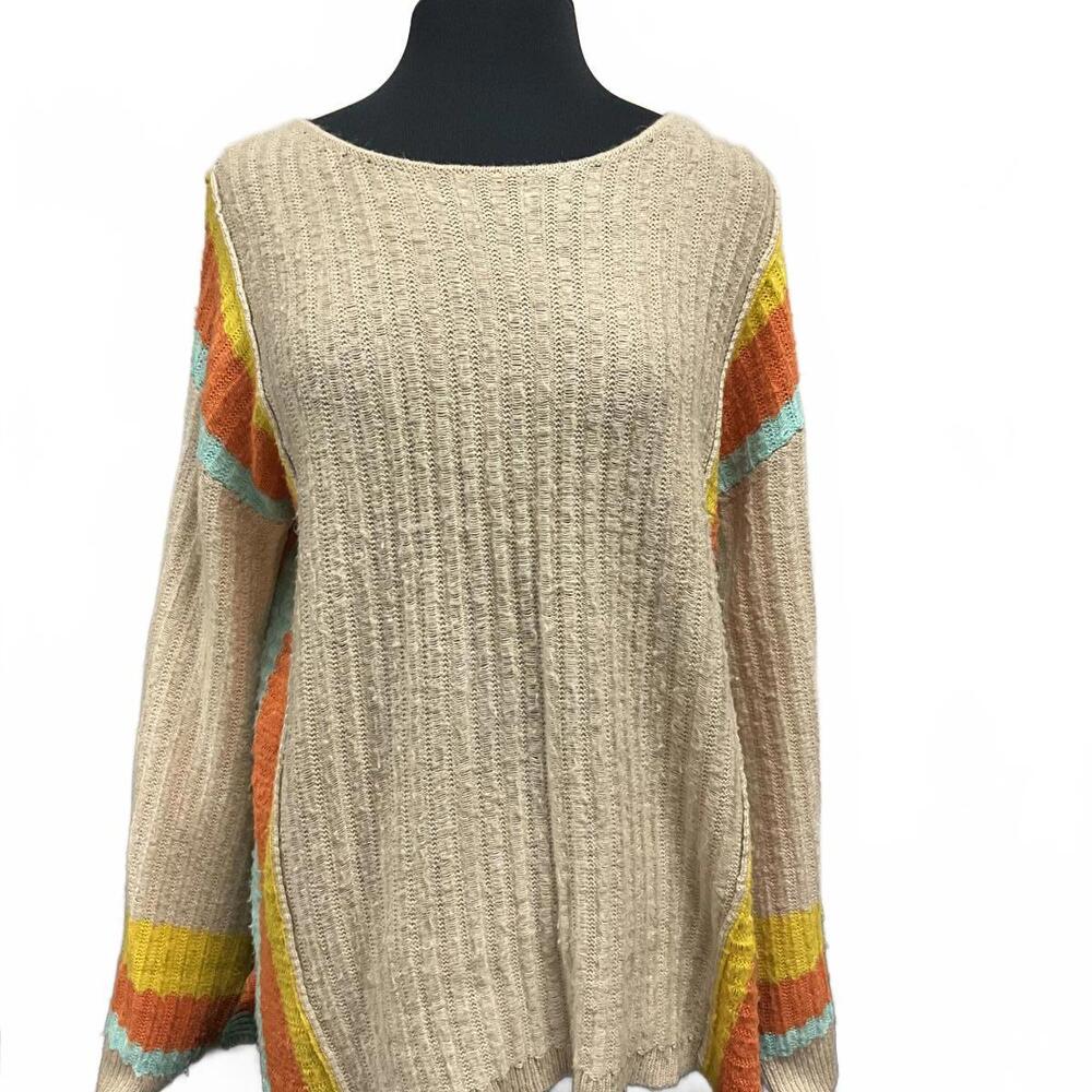 Multi Color Stripe Bell Sleeve Boho Tunic Sweater M